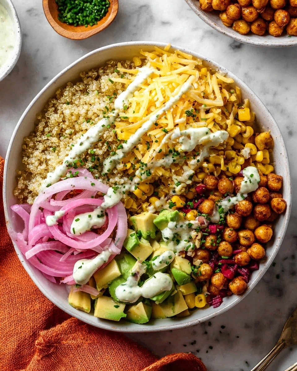 A white bowl filled with five distinct layers arranged side by side: light golden quinoa grains on the right bottom, golden grilled corn kernels next to it, bright green diced avocado pieces below the corn, pickled thin pink onion slices beside the avocado, and reddish-brown small roasted chickpeas on the far right top. On top of the grilled corn is a light yellow pile of shredded cheese. The whole bowl is drizzled with white creamy sauce with small green herb bits and sprinkled with finely chopped chives. The bowl sits on a white marbled surface with a small wooden dish of chopped chives at the top left corner and an orange cloth near the bottom right. Photo taken with an iphone --ar 4:5 --v 7