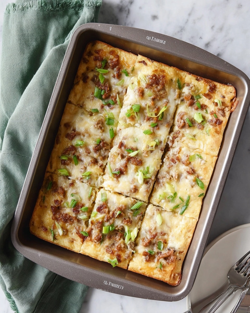 A rectangular metal baking pan holds a casserole that is divided into six square pieces, each topped with melted cheese, small crispy brown bits of meat, and scattered green onion slices. The casserole has a light golden color with slightly browned edges showing a soft, creamy texture. On the top left corner, a green cloth napkin is partially draped over the baking pan. The pan sits on a white marbled surface with a fork and knife partially visible on a white plate in the bottom right corner. photo taken with an iphone --ar 4:5 --v 7