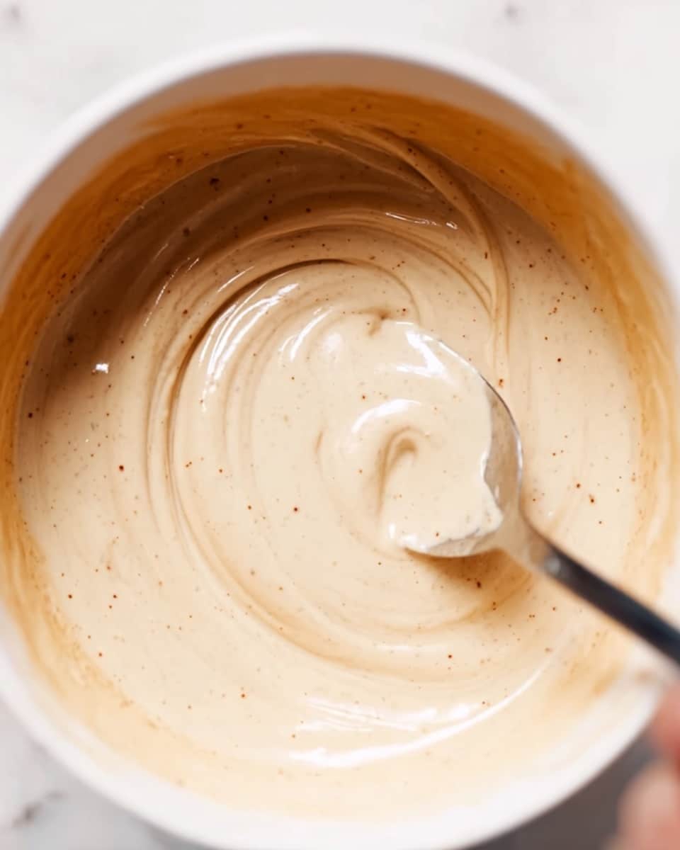 The image shows a close-up view of a white bowl filled with a smooth light beige sauce or dressing with small brown specks. A silver spoon is partially dipped into the sauce, with the spoon's glossy surface reflecting the creamy texture. The sauce has swirled patterns on its surface, showing its thick and creamy consistency. The bowl rests on a white marbled surface. A woman's hand is holding the spoon. photo taken with an iphone --ar 4:5 --v 7