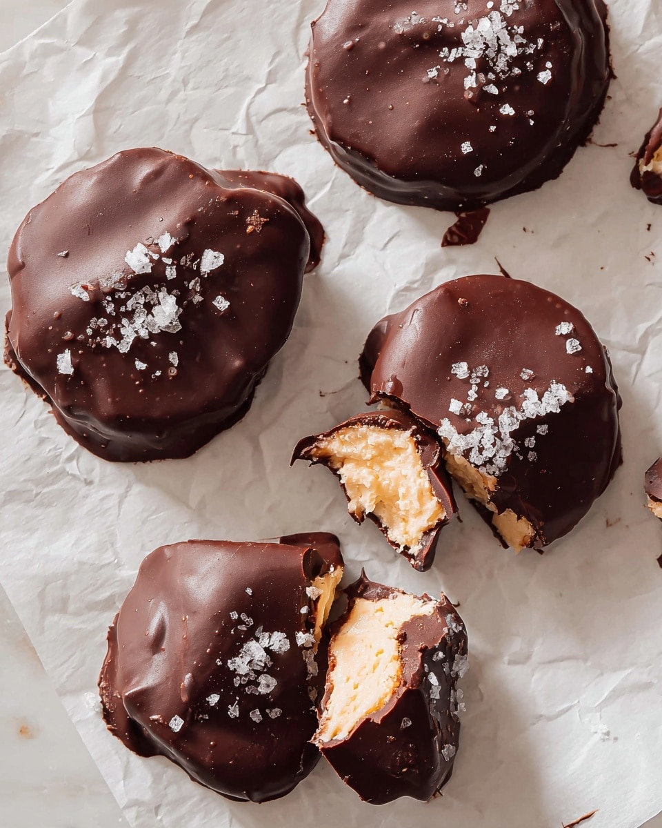 The image shows four round chocolate-covered treats placed on white parchment paper over a white marbled surface. Each treat has a thick, shiny dark brown chocolate outer layer sprinkled with coarse sea salt flakes. Two of the treats are whole and smooth, showing slight curves and small lumps in the chocolate coating. The other two are broken, displaying a light beige, creamy filling inside with a slightly crumbly texture. The broken pieces reveal the contrast between the dark chocolate shell and the soft creamy center beneath. Photo taken with an iphone --ar 4:5 --v 7
