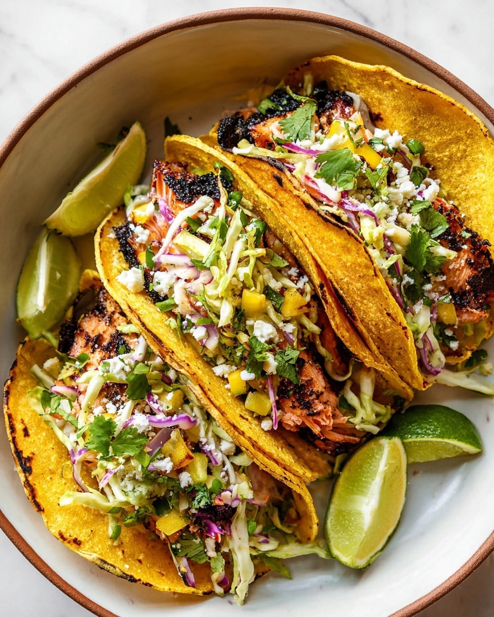 Blackened Salmon Tacos with Mango Slaw and Fresh Toppings Recipe