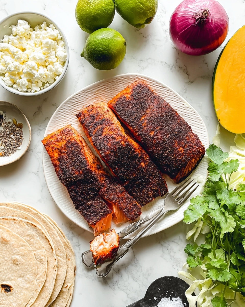 The image shows three large pieces of cooked salmon with a dark, spicy crust on top, arranged side by side on a white plate with a slight pattern. One piece has been partially sliced to reveal the soft pink inside of the fish. To the right of the salmon, a fork and knife lie parallel on the plate. Around the plate on a white marbled surface, there is a small bowl filled with crumbly white cheese at the top left, two whole green limes above the plate, a halved red onion to the right of the limes, and a quarter of a yellow mango beside it. A small black spoon with coarse salt and a white spoon with black pepper seeds rest near the top edge. Fresh cilantro leaves and a wedge of green cabbage are seen on the right side of the frame, with a stack of soft tortillas at the bottom left. The photo taken with an iphone --ar 4:5 --v 7