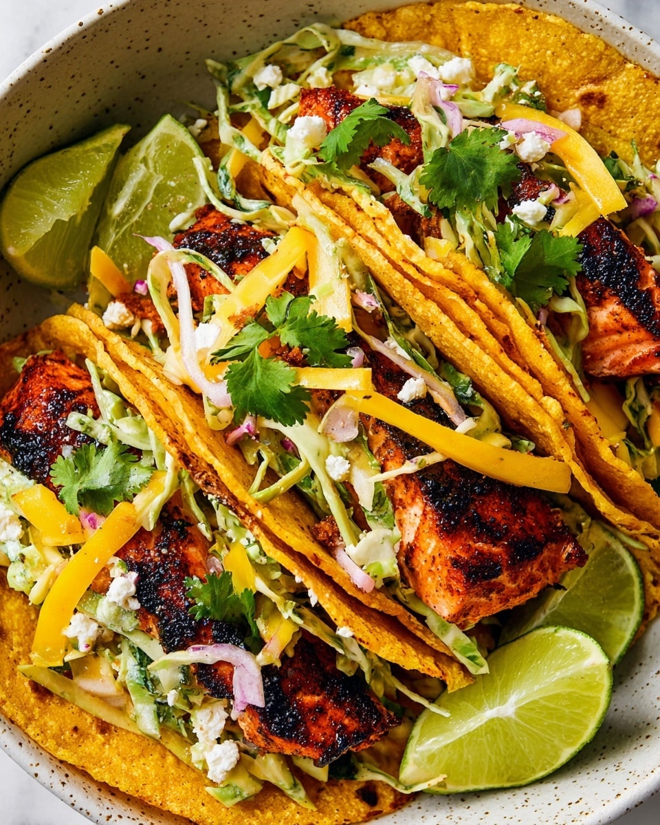 Three soft yellow corn tortillas form the base of the dish, each folded in half and filled with layers of toppings. Inside each tortilla, there are pieces of salmon with crispy blackened edges, bright yellow mango strips, thin white and light green cabbage slaw mixed with thin slices of purple onion, and small white crumbles of cheese scattered on top. Fresh green cilantro leaves rest on the slaw, adding a fresh look. Two lime wedges with a bright green color are placed on the side, all served on a large white bowl with a speckled design, sitting on a white marbled surface. photo taken with an iphone --ar 4:5 --v 7