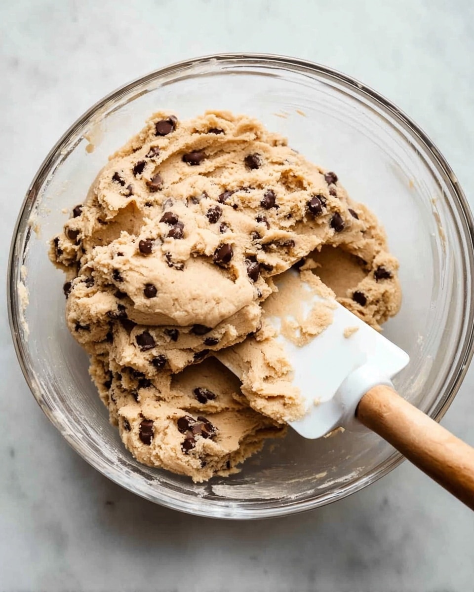 A clear glass bowl filled with light brown cookie dough mixed with small, dark chocolate chips spread throughout. The dough looks soft and slightly thick, with a white spatula that has a wooden handle partially buried in the dough on the right side. The bowl sits on a white marbled surface. photo taken with an iphone --ar 4:5 --v 7