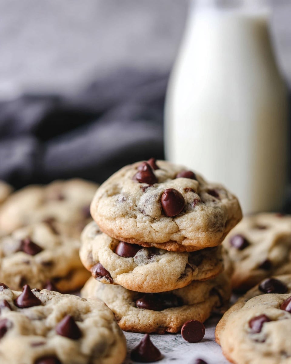 A close-up view of a stack of two soft, light brown cookies with dark brown chocolate chips on their surface, sitting among more cookies scattered around. Each cookie shows a rough, slightly bumpy texture with large chocolate chips embedded inside and on top. In the background, there is a clear glass bottle filled with white milk, placed on a white marbled texture with a folded dark cloth nearby. The scene is cozy and warm, focusing on the front two cookies in sharp detail with a blurred background photo taken with an iphone --ar 4:5 --v 7