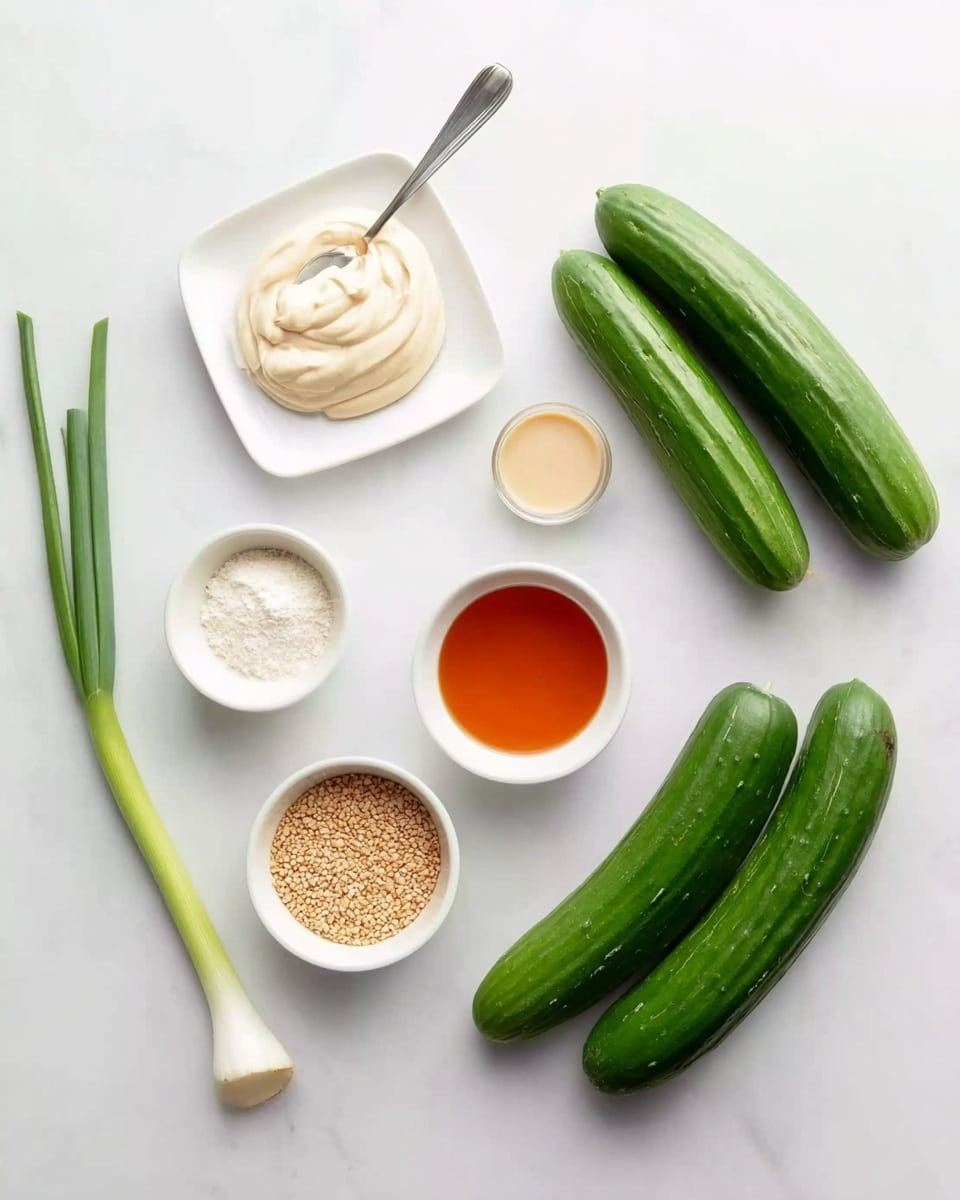 The image shows an arrangement of various ingredients placed on a white marbled surface. From top right to left, there are three cucumbers with a fresh green color and smooth texture. Below them is a small white bowl filled with a white powdery substance, and next to it a white bowl with a light beige liquid. Towards the center is a small white bowl of an orange-colored liquid, along with another small white bowl filled with tiny beige seeds. To the top left, a square white plate holds a dollop of creamy white sauce with a spoon resting inside it. Finally, at the bottom left side of the image is a single green onion with a fresh texture and a white base. The items are neatly spaced and arranged on the clean white marbled surface. Photo taken with an iphone --ar 4:5 --v 7