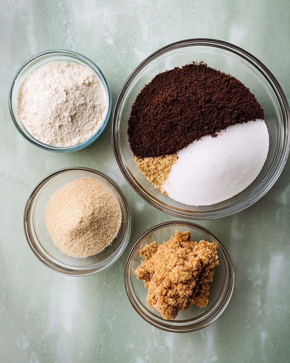 The image shows four clear glass bowls placed on a white marbled surface. The largest bowl, at the right, contains three layers of dry ingredients arranged side by side: a dark brown powder on the left, a white powder on the right, and a light brown crumbly layer at the bottom right. To the top left of the large bowl is a medium bowl filled with a white powder. Below that is a smaller bowl holding a mix of light tan, dark brown, and white powders together. At the bottom left is another medium bowl filled with pure white powder. The colors and textures range from fine powders to granulated crumbs, all neatly separated in their bowls. Photo taken with an iphone --ar 4:5 --v 7