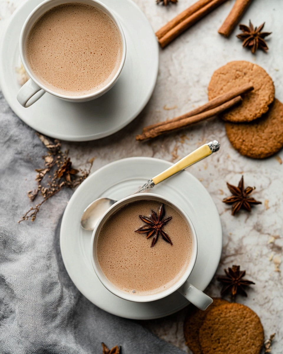 Two white cups filled with light brown spiced drink with a smooth surface, each on a white saucer. One cup has a star anise floating in the center and a pale yellow spoon resting inside. Around the cups, there are cinnamon sticks laid out and several round, golden-brown cookies placed on a soft gray cloth and a white marbled surface. Scattered star anise and cloves add dark brown accents around the scene. Photo taken with an iphone --ar 4:5 --v 7