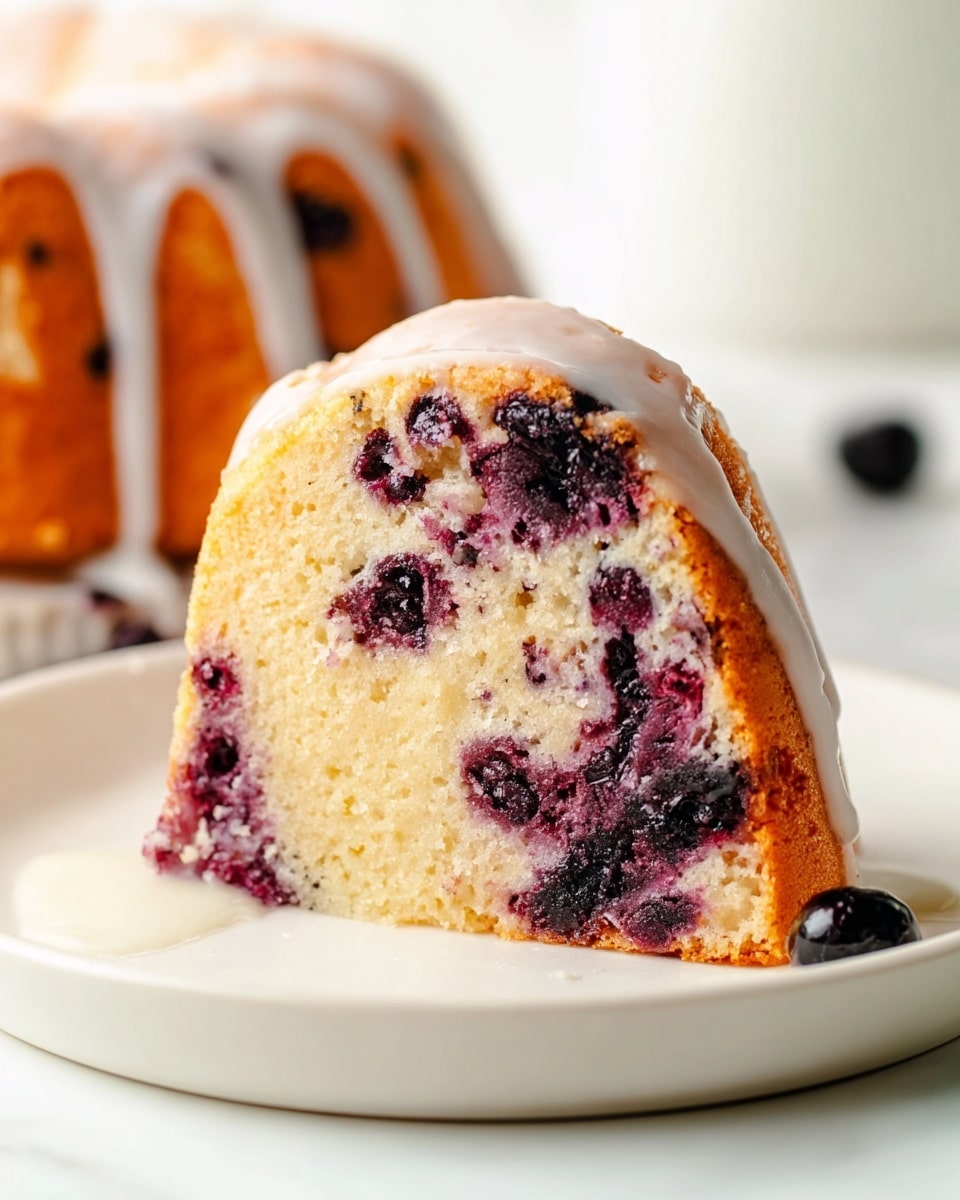 A close-up view of a single slice of bundt cake placed on a white plate, showing two main layers: a light golden cake base with a soft, moist texture and scattered deep purple to black berries baked inside, creating a marbled effect within the cake. The top of the slice is covered with a thin layer of shiny, white glaze that gently drips down the sides. The background features a white marbled surface with a blurred view of the main bundt cake featuring a golden brown crust and the same berry pattern. A single dark berry is faintly visible on the background surface. photo taken with an iphone --ar 4:5 --v 7