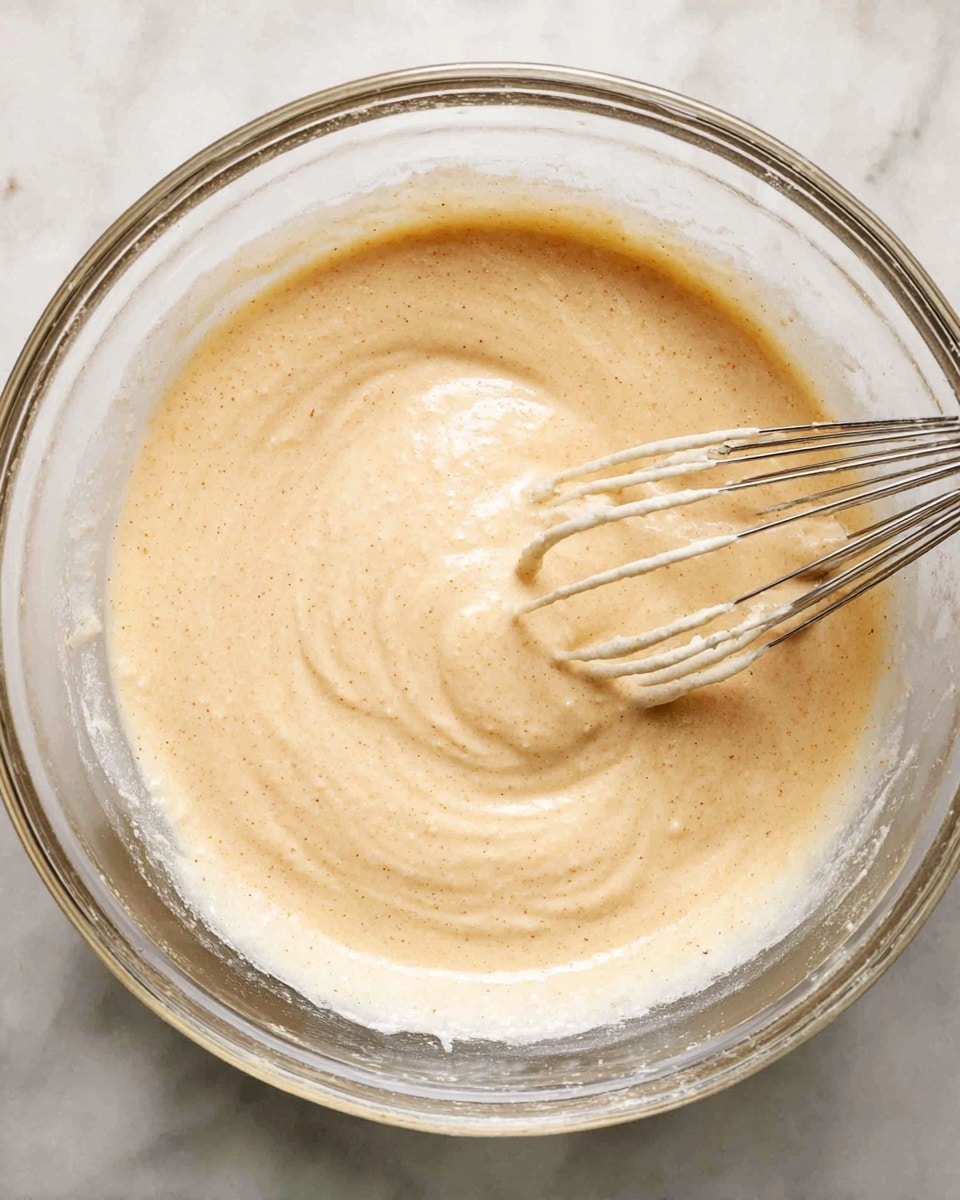 A clear glass bowl contains a smooth, light beige batter with a slightly speckled texture. A metal whisk coated with the same batter rests on the right side within the bowl. The batter appears thick but soft, with gentle swirls showing the movement from mixing. The bowl sits on a white marbled surface. photo taken with an iphone --ar 4:5 --v 7
