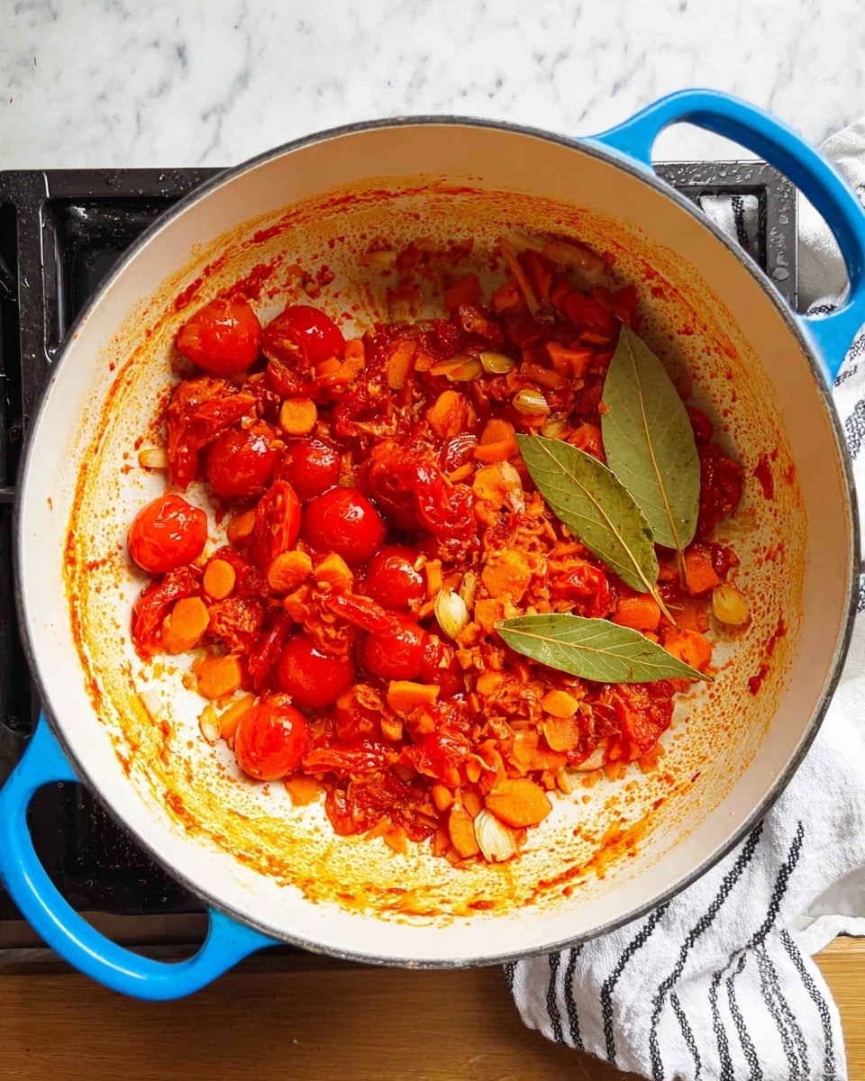 Inside a large white pot with blue handles, there is a small amount of cooked food spread out, showing two green bay leaves on the right side. The food includes whole and halved bright red cherry tomatoes, small orange chunks that look like cooked carrots or garlic, and finely chopped bits of a reddish ingredient that might be spices or seasoning. The inside surface of the pot is stained with red sauce marks, and the pot is set on a black stovetop with a white cloth featuring black stripes to the right on a white marbled surface. Photo taken with an iphone --ar 4:5 --v 7