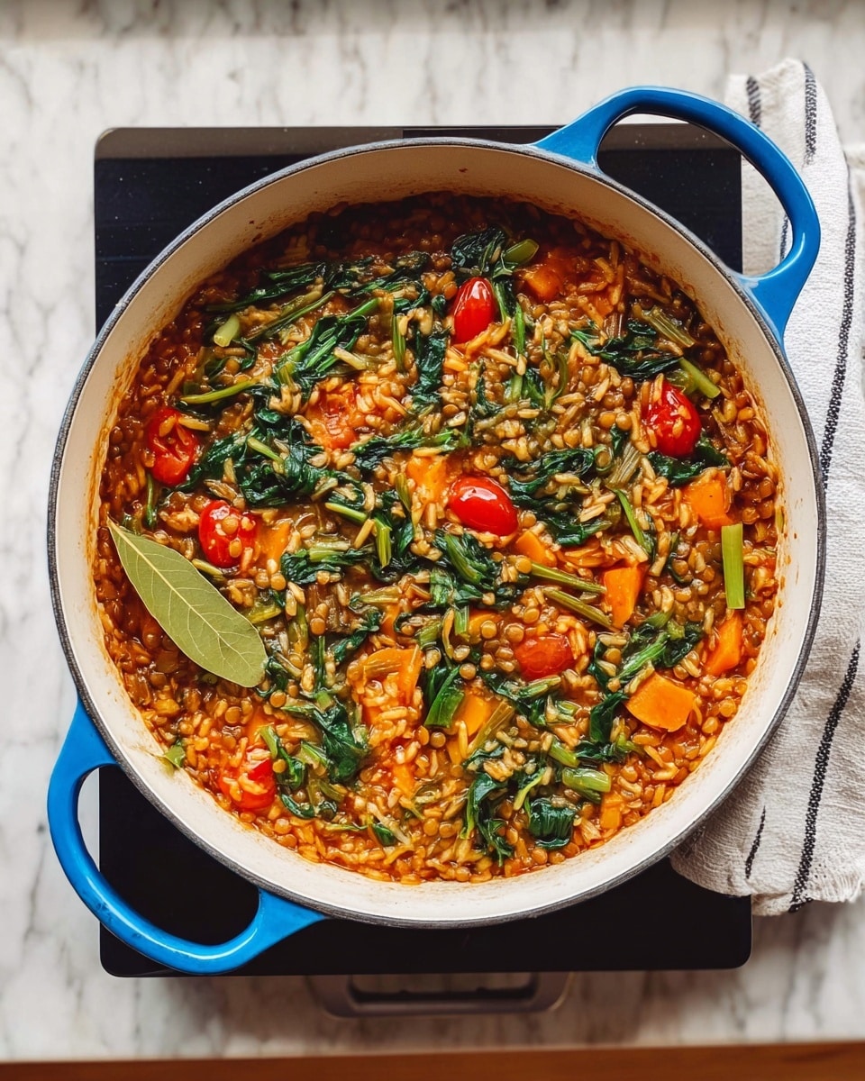 The image shows a round white pot with blue handles filled with a colorful vegetable and rice dish. The dish has three main layers: the base layer is reddish-orange rice and lentils mixed with sauce, the middle layer contains bright green spinach leaves and stems spread throughout, and the top layer has small pieces of orange carrot and red cherry tomatoes scattered around. A single green bay leaf is visible on the left side of the pot. The pot is placed on a black square hotplate set on a white marbled surface with a white cloth featuring black stripes to the right. photo taken with an iphone --ar 4:5 --v 7
