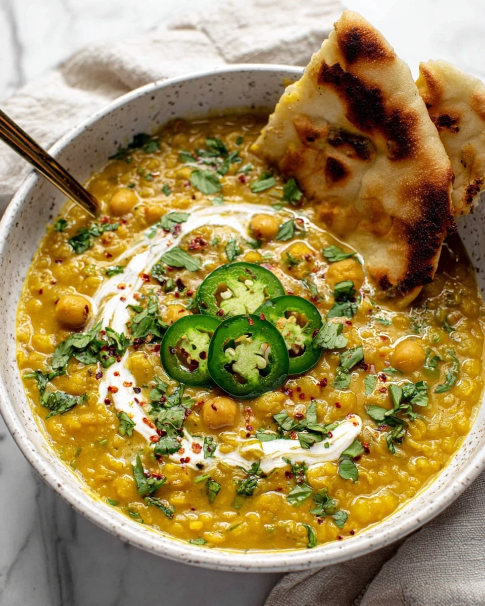 A white speckled bowl holds a thick yellow lentil stew with visible chickpeas and small vegetable pieces. The stew is topped with a swirl of white cream, chopped green herbs scattered across the surface, and thin slices of bright green jalapeño peppers sprinkled with red pepper flakes in the center. Two pieces of toasted flatbread rest inside the bowl on one side. The background shows a white marbled surface with a soft cloth peeking from the corner. photo taken with an iphone --ar 4:5 --v 7