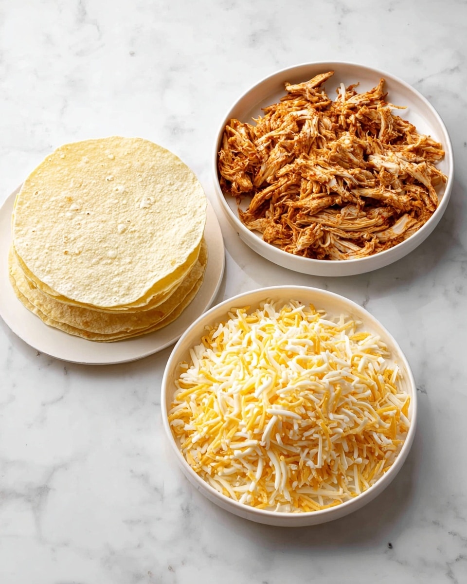 The image shows three white round plates on a white marbled surface. The first plate, at the top left, holds a neat stack of soft corn tortillas with a pale yellow color and a slightly rough texture. The second plate, at the top right, contains shredded cooked chicken coated in a reddish-brown sauce, giving it a moist and slightly glossy look. The third plate, at the bottom, is filled with a large amount of shredded cheese, colored yellow and white, with a thin and stringy texture. All items are arranged clearly and separately, each plate well-filled without overlapping. Photo taken with an iphone --ar 4:5 --v 7