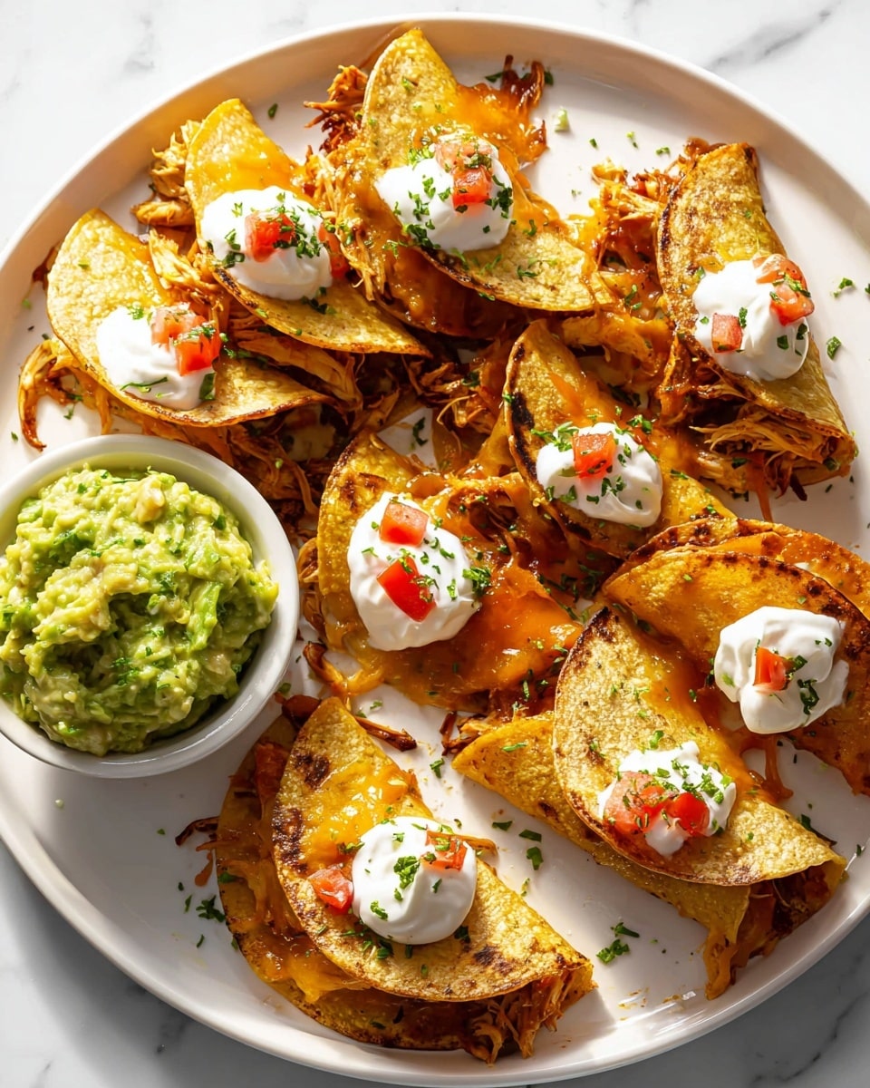 The image shows a white plate with eight small tacos arranged in a scattered pattern on a white marbled surface. Each taco has one visible layer of slightly browned and crispy corn tortilla folded over a filling of melted golden cheese mixed with shredded chicken, which peeks out at the edges with a glossy texture. Three tacos on the plate are topped with a dollop of white sour cream and small red tomato pieces, with a sprinkle of finely chopped green herbs scattered over all the tacos. To the left side of the plate, there is a white bowl filled with green guacamole, which has a creamy and textured surface with some visible small chunks and bits of herbs on top. The lighting brightens the warm colors and textures of the food, making it look fresh and inviting. photo taken with an iphone --ar 4:5 --v 7