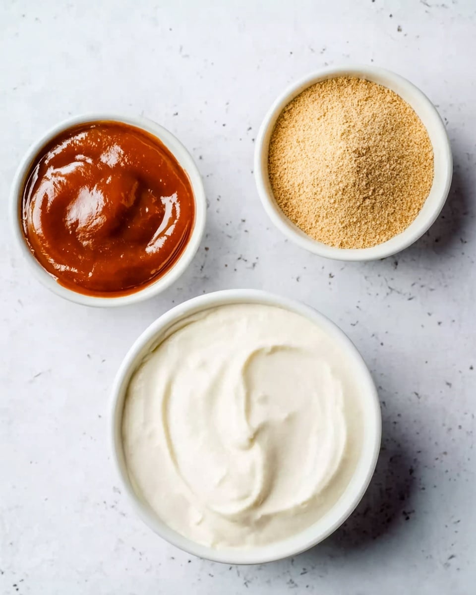 The image shows three small white bowls placed on a white marbled surface. The largest bowl at the bottom contains a smooth, creamy white substance with a soft texture. To the upper right, there is a smaller bowl filled with fine, light brown powder. To the upper left, another small bowl holds a thick, shiny reddish-brown sauce with a glossy texture. photo taken with an iphone --ar 4:5 --v 7