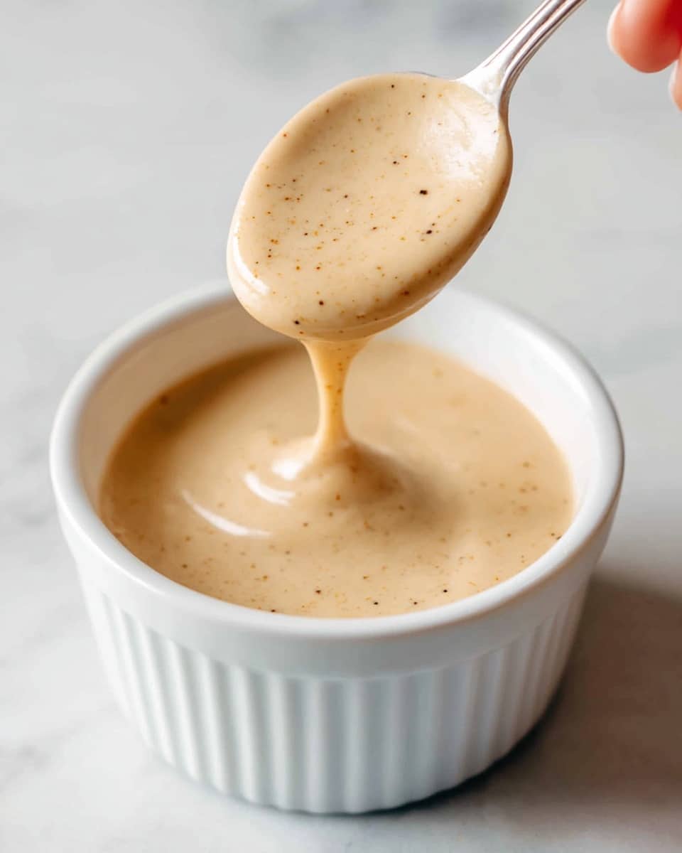 The image shows a close-up of a smooth, creamy beige sauce with small specks of spices mixed in, inside a white ceramic ramekin. A spoon is held above the ramekin by a woman's hand, with the sauce slowly dripping off the spoon back into the ramekin. The sauce texture looks thick, shiny, and smooth, with visible tiny dots of seasoning throughout. The background is a white marbled surface, creating a clean and bright setting. photo taken with an iphone --ar 4:5 --v 7