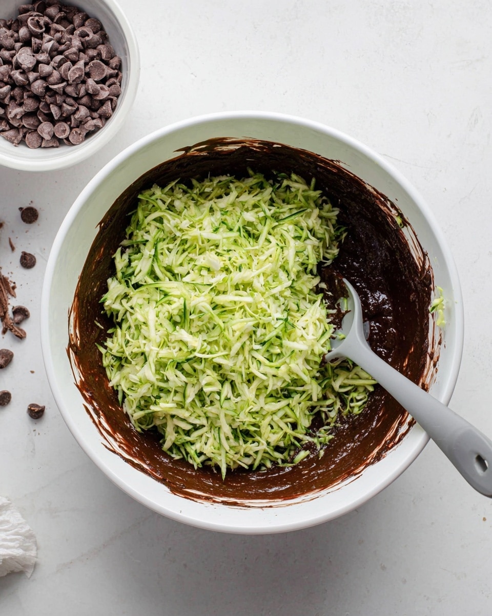A white mixing bowl sits on a white marbled surface, filled halfway with dark, thick chocolate batter. On top of the batter is a generous layer of light green shredded zucchini with bits of darker green skin mixed in, creating a fresh, textured contrast. A gray spoon is partially submerged in the mix, resting on the right side of the bowl. In the top left corner of the image, a white bowl filled with small dark chocolate chips is visible, with some chips scattered nearby. The lighting is bright and natural, giving the scene a clean and fresh look. photo taken with an iphone --ar 4:5 --v 7