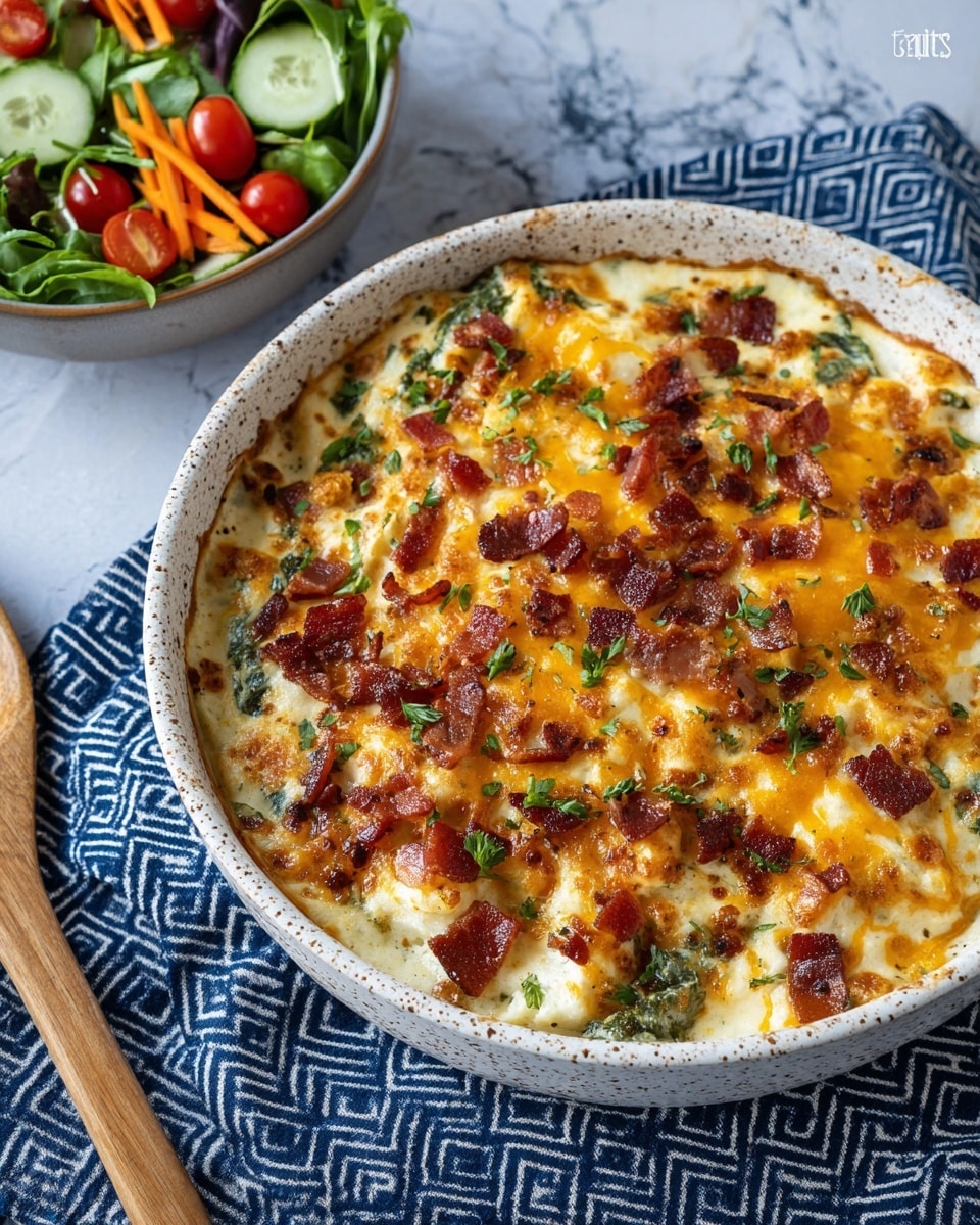 A round white speckled baking dish filled with a baked dish showing three main layers: a creamy white textured base layer, a thick golden-orange melted cheese layer that spreads unevenly over the top, and small dark brown crispy bacon bits sprinkled across. There are also small green herb pieces scattered on top. The dish sits on a blue and white geometric-patterned cloth on a white marbled surface, next to a wooden spoon. In the upper left, a bowl of colorful salad with leafy greens, sliced cucumbers, shredded carrots, and halved cherry tomatoes is partially visible. Photo taken with an iphone --ar 4:5 --v 7
