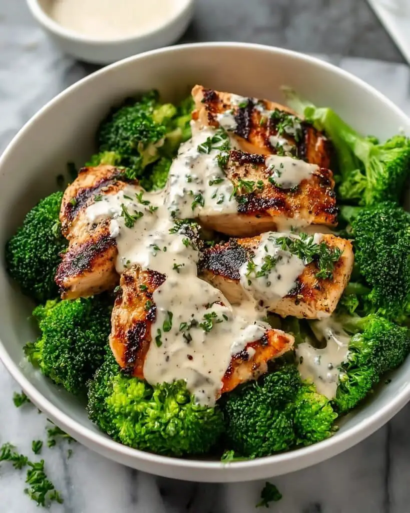 Grilled Chicken & Broccoli Bowls with Creamy Garlic Sauce Recipe