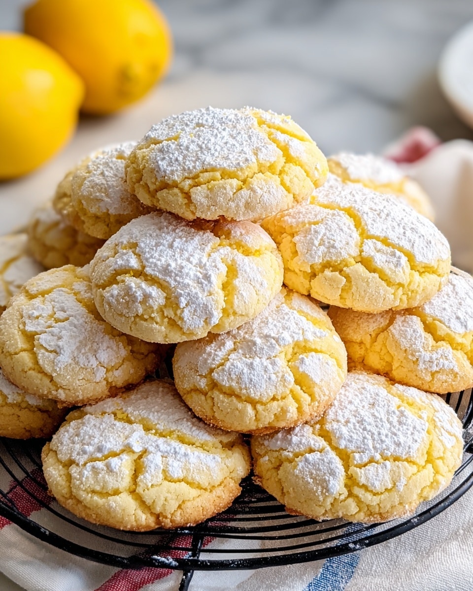 A pile of soft, round yellow cookies with cracks on their tops, each generously dusted with white powdered sugar. They rest closely together on a black cooling rack, which sits on a white cloth with red and blue lines. In the background, there are bright yellow lemons and a white marbled surface. The cookies look fluffy and slightly cracked, showing a homemade texture. Photo taken with an iphone --ar 4:5 --v 7