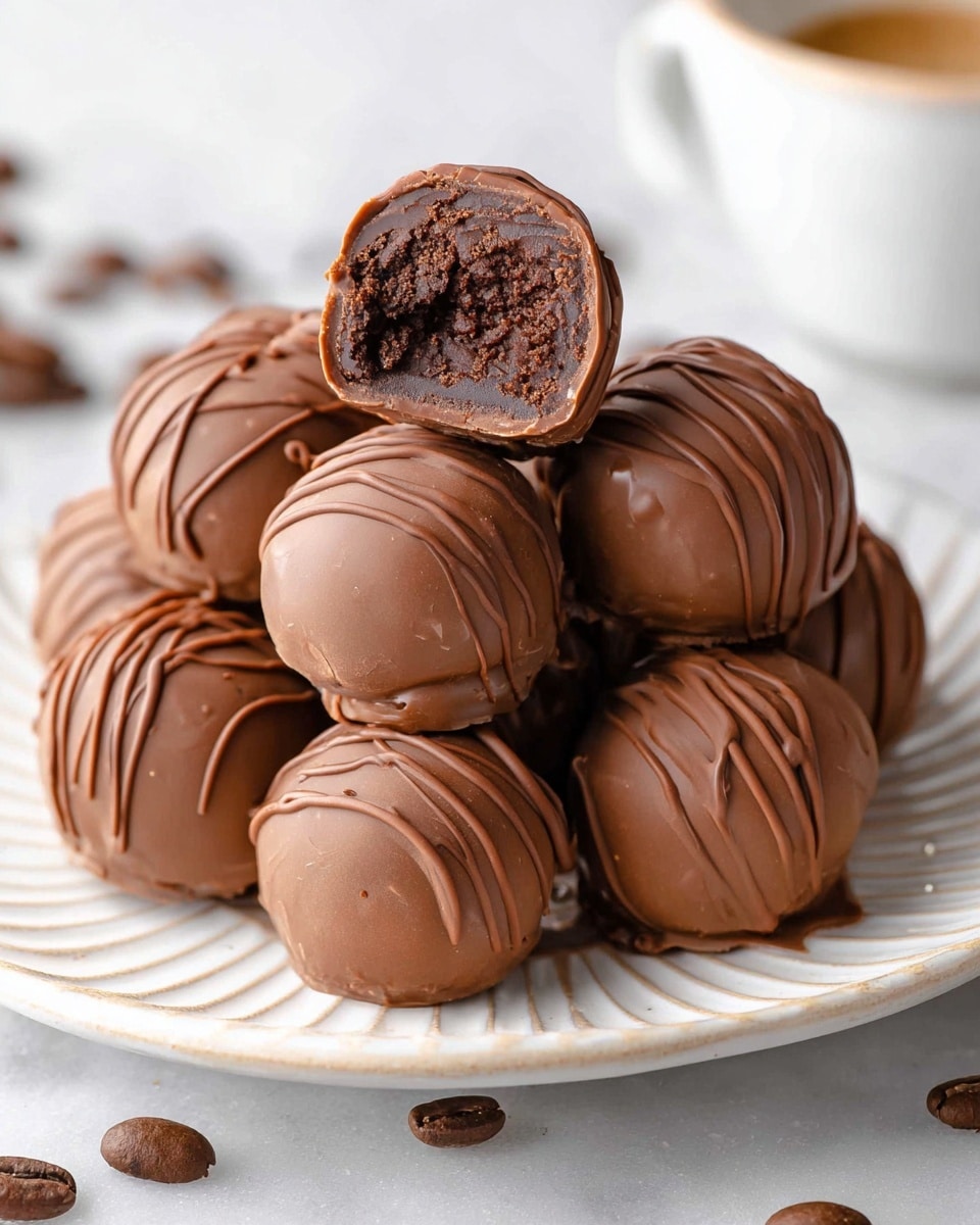 A white plate with a ridged edge holds a stack of round chocolate truffles. Each truffle is covered in smooth milk chocolate with thin, darker chocolate drizzled on top in wavy lines. One truffle is broken open on the top of the stack, showing three layers inside: a soft, light brown chocolate shell on the outside, a dark, dense chocolate layer just inside, and a rich, darker chocolate filling in the center. A few coffee beans are scattered around the plate on a white marbled surface. photo taken with an iphone --ar 4:5 --v 7