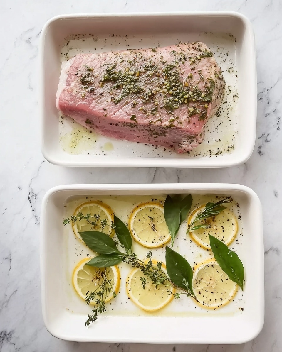 Two white rectangular dishes sit on a white marbled surface. The top dish holds a large slice of raw pink meat covered with a seasoning mix of black pepper and green herbs sprinkled evenly. The bottom dish contains thin, round lemon slices arranged in a scattered pattern, topped with fresh green bay leaves and small sprigs of green thyme, lightly sprinkled with black pepper. photo taken with an iphone --ar 4:5 --v 7