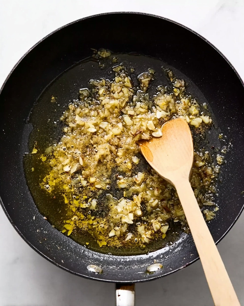 A black frying pan is shown from above on a white marbled surface. Inside the pan, there is a light golden-yellow oily mixture with small, unevenly sized pieces of cooked garlic or onion spread out, some portions slightly darker brown. A wooden spoon with a smooth, pale texture is resting inside the pan towards the right side, stirring the mixture. The pan’s surface is shiny with some oil reflecting light, and the overall look is hot and sizzling. Photo taken with an iphone --ar 4:5 --v 7