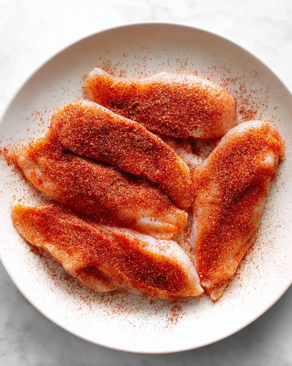 There are five pieces of raw white chicken placed on a clean white plate. Each piece is covered with a dry red-brown spice mix that is spread evenly on the surface. The plate is sitting on a white marbled surface that adds a soft texture to the background. The chicken pieces are arranged loosely but close to each other, filling the middle of the plate with some space between them on the sides. photo taken with an iphone --ar 4:5 --v 7