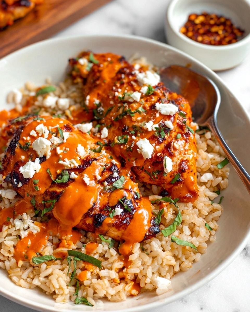 The image shows a close-up of two pieces of grilled chicken with a reddish-orange sauce drizzled on top, placed on a bed of light brown rice. The chicken is garnished with small white crumbles, possibly cheese, and green herbs scattered over the top. The grains of rice are clearly visible beneath the chicken, with some sauce droplets mixing in. A silver spoon rests in the white bowl next to the rice. In the background, there is a small white bowl with red pepper flakes. The whole scene is set on a white marbled surface. photo taken with an iphone --ar 4:5 --v 7