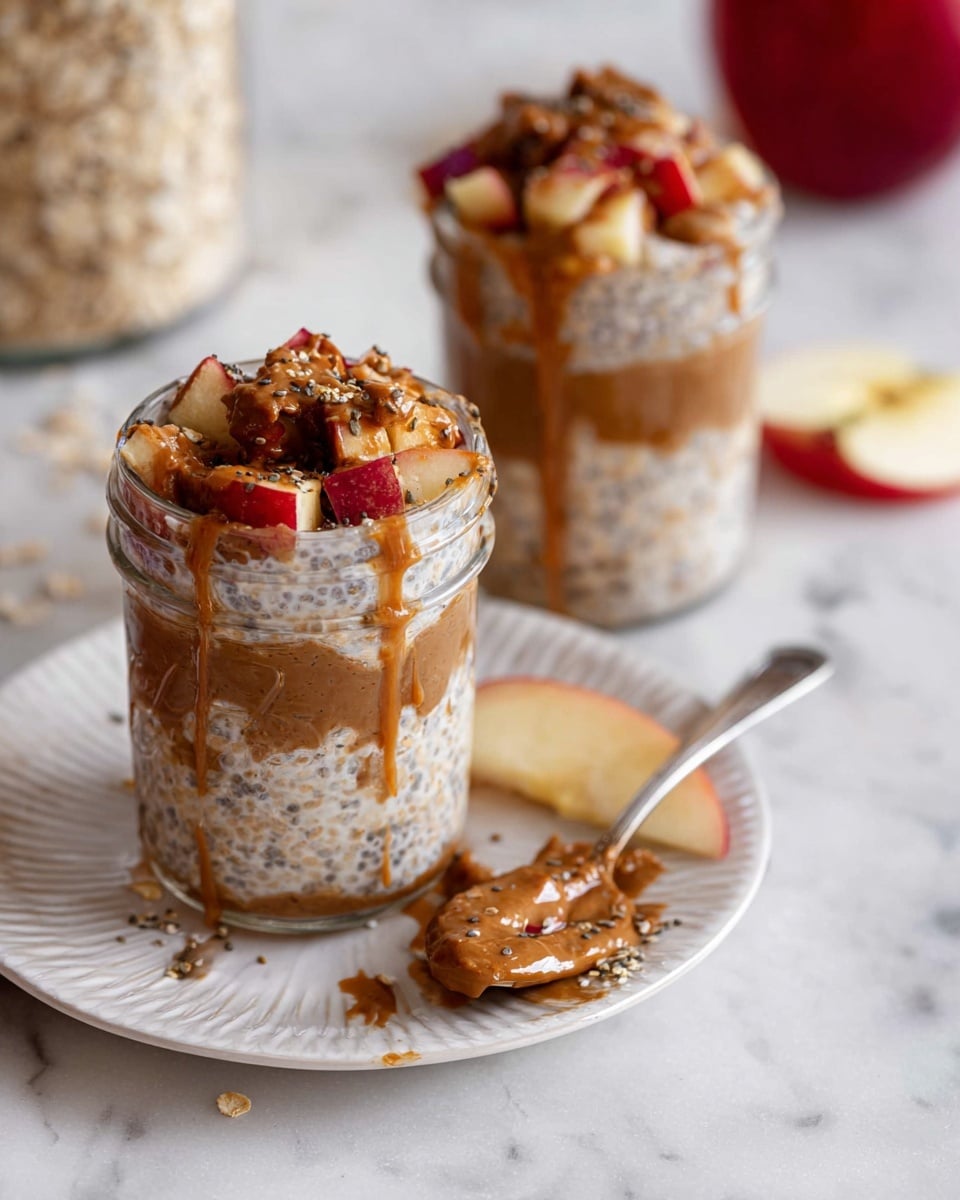 Two clear glass jars are filled with three visible layers each: the bottom layer is a thick brown spread, the middle layer is a creamy oatmeal mixture with oats and chia seeds, and the top layer consists of chopped red apple pieces mixed with more oatmeal, all drizzled with a glossy brown nut butter. The jars sit on a white plate with a subtle patterned edge, and a spoon with a smear of nut butter rests beside a slice of red apple on the plate. The whole scene is set on a white marbled surface, with a blurred red apple and a jar of oats in the background. Photo taken with an iphone --ar 4:5 --v 7