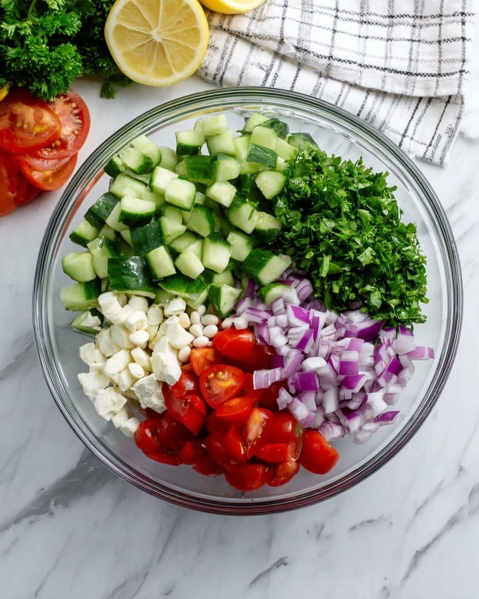 A clear glass bowl filled with six separate piles of fresh salad ingredients resting on a white marbled surface: bright green chopped cucumber pieces at the top, finely chopped green parsley on the right, small white chunks of cheese just below the parsley, finely chopped purple onion below the cucumbers, vibrant red halved cherry tomatoes on the left, and a few small white beans visible near the tomatoes. In the background, there is a white cloth with thin black stripes and some fresh ingredients like lemon slices and tomatoes. The image is bright and natural. photo taken with an iphone --ar 4:5 --v 7
