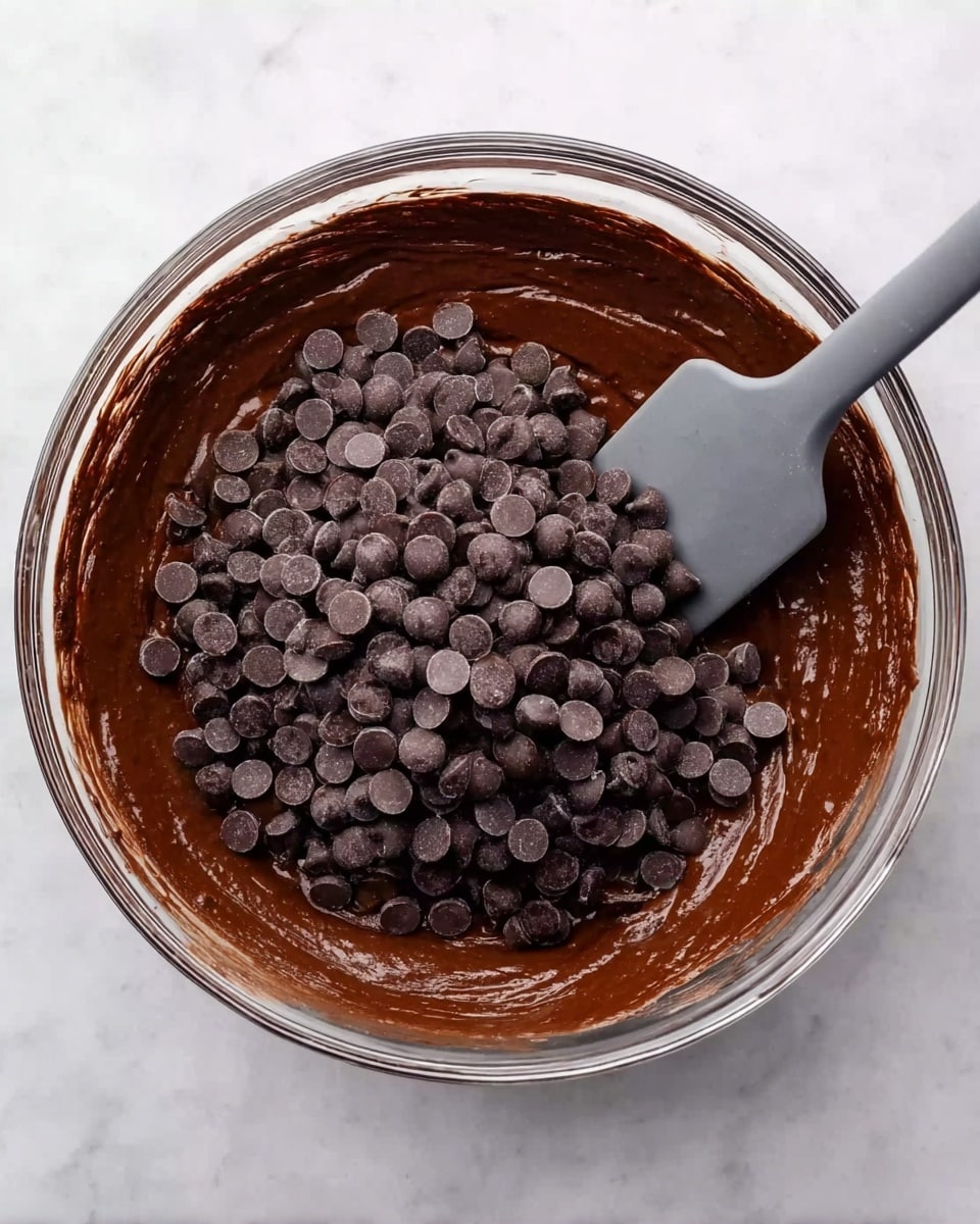 A clear glass bowl is filled with smooth, dark brown chocolate batter, with a large pile of round, dark chocolate chips sitting on top in the center. A gray spatula is partially submerged into the batter from the side, ready to mix. The bowl is placed on a white marbled surface, showing contrasts between the rich chocolate and the lighter background. The image is closely focused on the bowl and ingredients, giving a clear view of the rich texture of the batter and the solid chocolate chips. Photo taken with an iphone --ar 4:5 --v 7