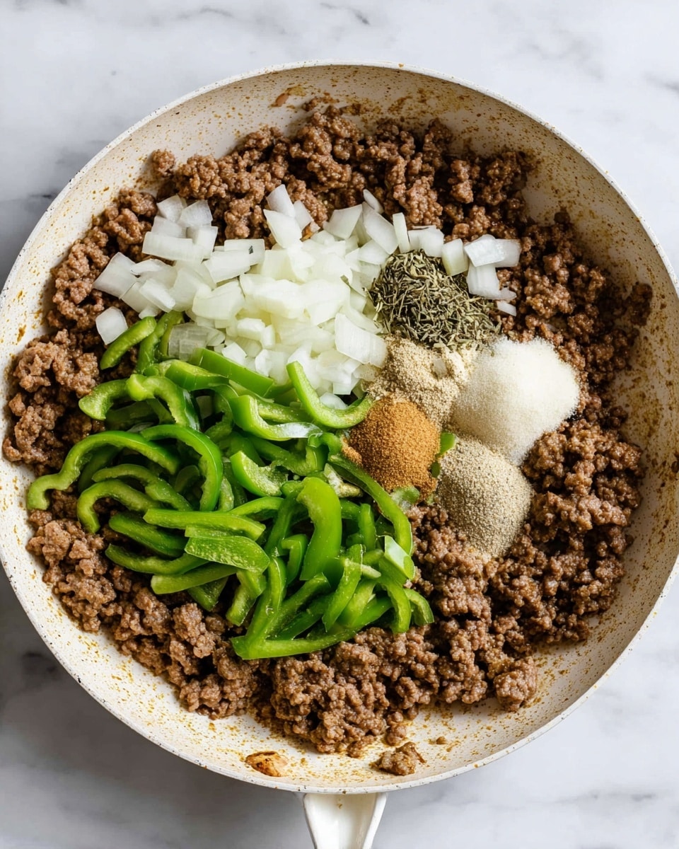 In a white skillet on a white marbled surface, there is a base layer of cooked ground meat, brown and crumbly, spread evenly. On top of this, there are bright green thin slices of bell pepper arranged in a loose pile mainly in the center. Next, small white diced onions are scattered over and around the peppers. On top of the onions, there are piles of seasonings in different colors and textures: light brown garlic or ginger paste, white granulated salt, black pepper powder, and beige seasoning powder, all grouped closely in the center. The skillet handle is visible at the bottom, and the edges of the skillet show seasoning marks. photo taken with an iphone --ar 4:5 --v 7