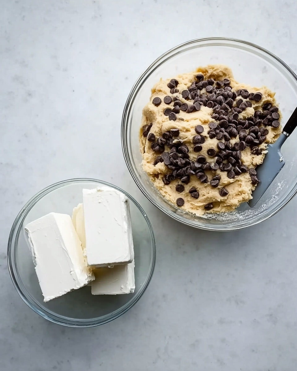 The image shows two clear glass bowls on a white marbled surface. On the left, a large bowl contains a thick tan dough mixed with many small dark brown chocolate chips, covering a large part of the top layer. On the right, a smaller bowl holds two large blocks of soft white cream cheese sitting on a smooth white base, likely sugar. A black spatula with a gray handle is partially visible near the top left corner above the large bowl. The lighting is natural and bright, highlighting the smooth textures of the dough and cream cheese. photo taken with an iphone --ar 4:5 --v 7