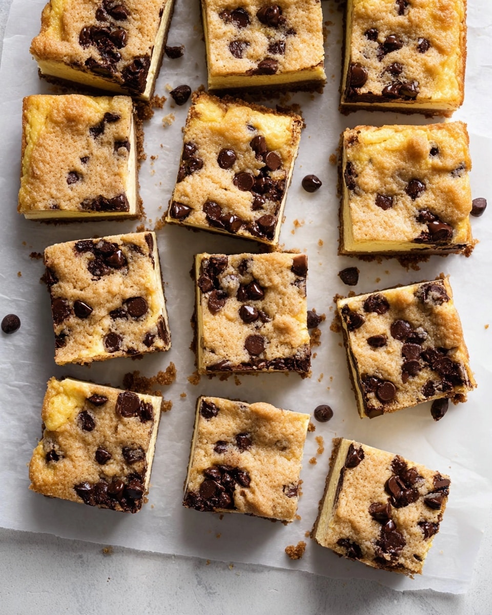 The image shows twelve square pieces of a two-layer dessert arranged on white parchment paper over a white marbled surface. Each piece has a top layer of golden-brown cookie dough with a slightly crumbly texture and visible shiny dark chocolate chips scattered unevenly. Below the cookie layer, a creamy light yellow cheesecake layer is visible, offering a smooth contrast to the textured top. The edges show where the layers meet, with some melted chocolate edges slightly blending into the cheesecake. Small crumbs are scattered loosely around the squares, emphasizing a homemade feel. photo taken with an iphone --ar 4:5 --v 7