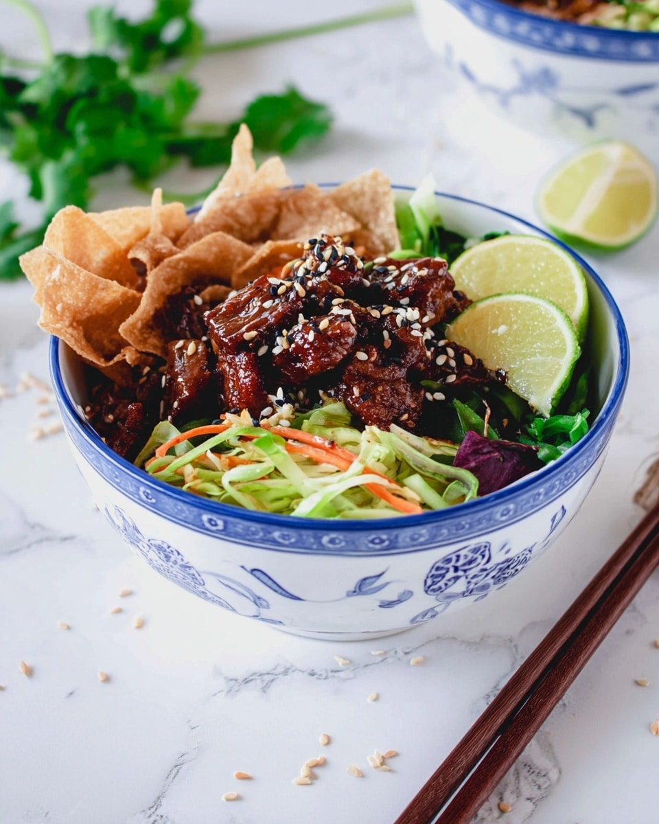 A white bowl with blue floral patterns holds a colorful layered dish. At the bottom, there is a bed of shredded green vegetables mixed with thin carrot strips and some purple leaves. On top of this, there are pieces of dark brown cooked meat sprinkled with white and black sesame seeds. To one side, there are light brown crispy torn pieces, and on another side, two pale green lime wedges add fresh color. The bowl sits on a white marbled surface with some green leaves and sesame seeds scattered nearby. Dark wooden chopsticks are placed in front of the bowl. Photo taken with an iphone --ar 4:5 --v 7