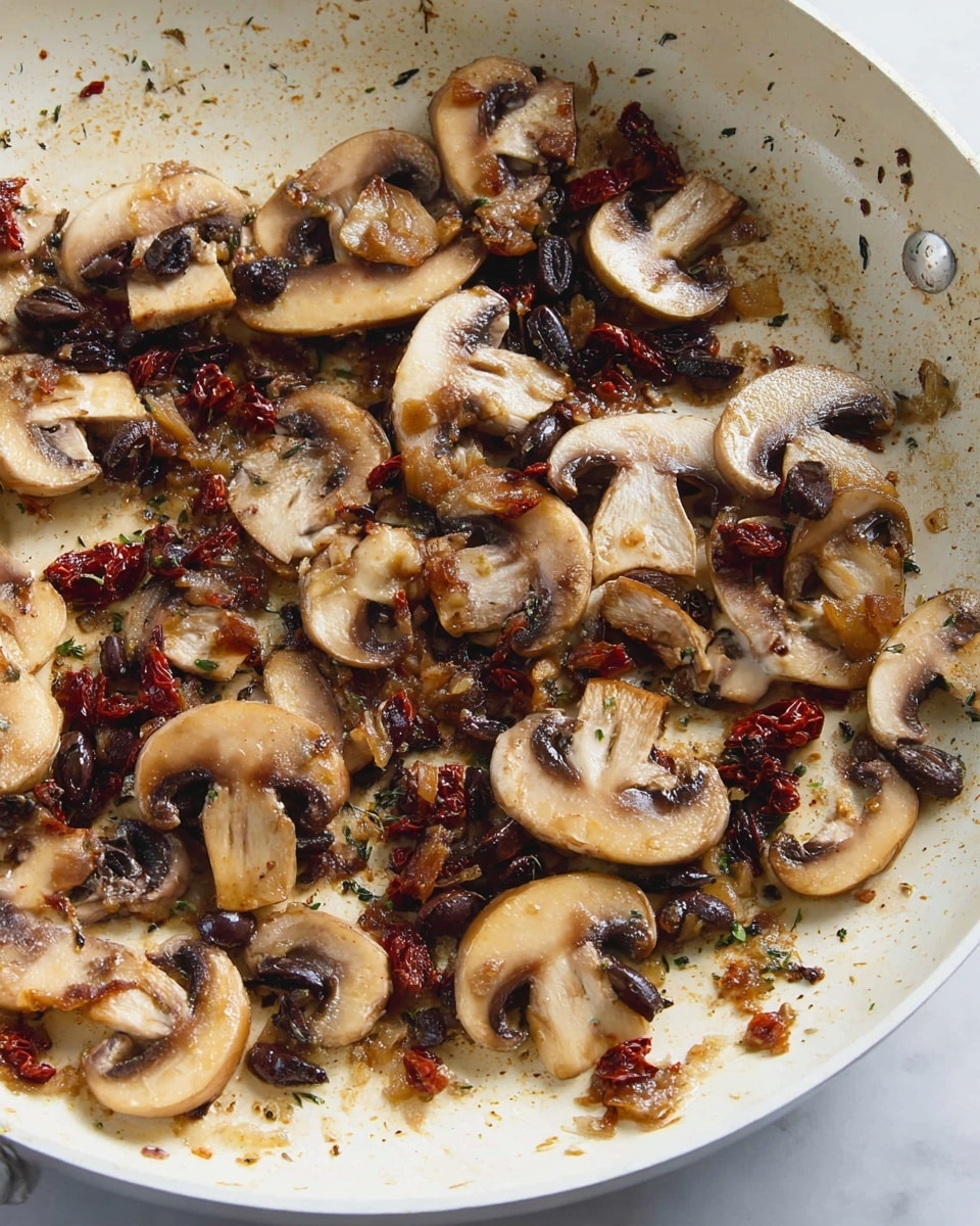 The image shows a white pan with cooked slices of mushrooms spread across it, mixed with small pieces of dark olives and sun-dried tomatoes. The mushrooms are light brown with darker, slightly shiny edges, showing a soft texture. The olives are small, round, and black, while the sun-dried tomatoes add a deep red color, adding texture contrast. The pan surface has light brown caramelized spots from cooking, and the background is a white marbled texture. photo taken with an iphone --ar 4:5 --v 7