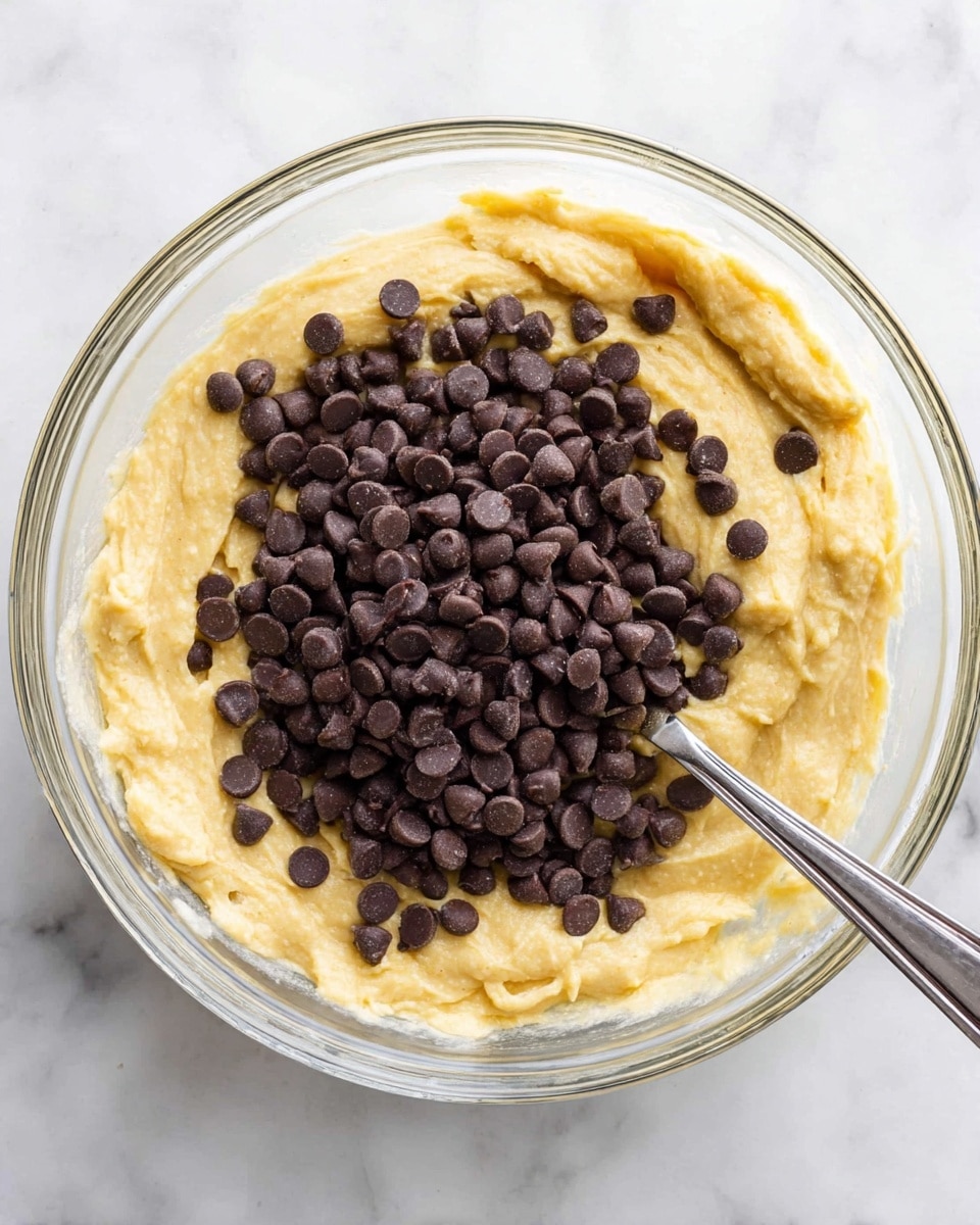 A clear glass bowl holds a thick, pale yellow batter with a smooth, slightly lumpy texture, filling most of the bowl. On top of the batter, there is a large pile of small, dark brown chocolate chips, creating a clear contrast with the light color of the batter. A silver spoon is inserted into the batter from the right side, with the handle resting out of the bowl. The bowl sits on a white marbled surface, giving a clean and bright background. photo taken with an iphone --ar 4:5 --v 7