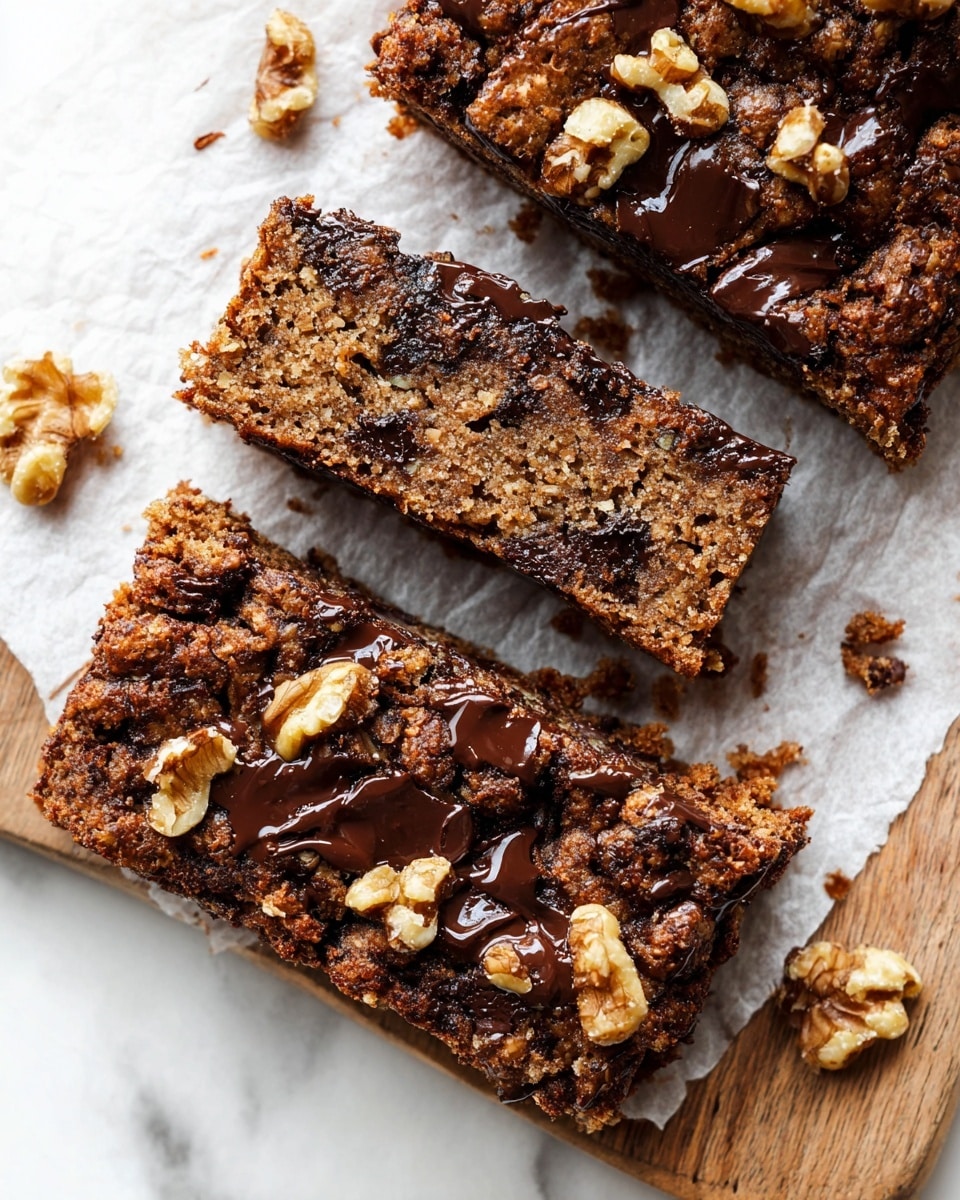 The image shows three rectangular pieces of a brown baked snack on white parchment paper, placed on a wooden board over a white marbled surface. Each piece has a rough, crumbly texture with dark brown melted chocolate chunks spread throughout and on top. There are light brown walnut pieces scattered on the top layer, adding texture and contrast. The middle piece is placed diagonally in the foreground, showing the inside texture with gooey chocolate and nuts visible. The overall colors are warm brown tones with glossy dark chocolate and crunchy walnut bits. photo taken with an iphone --ar 4:5 --v 7