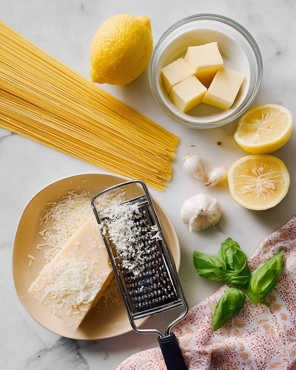 The image shows ingredients for cooking on a white marbled surface. At the bottom left, there is a beige plate with a chunk of cheese and some grated cheese on it with a metal grater resting on the plate. To the right, fresh garlic cloves are peeled and placed next to green basil leaves. Above those, a white bowl contains three small squares of butter. Two whole yellow lemons are in a clear glass bowl near the top left. Long yellow dry spaghetti strands lie horizontally across the middle of the image with a folded pink, white, and brown patterned cloth near the bowl of butter. The overall scene is bright and clean. photo taken with an iphone --ar 4:5 --v 7