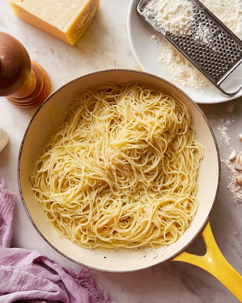 A white plate holds a twirl of pale yellow spaghetti as the main layer, topped with small bright yellow lemon zest pieces and dark green fresh basil leaves scattered all over. The pasta is sprinkled with finely chopped green herbs and tiny black pepper specks. A slice of lemon rests at the plate’s edge. A silver fork is lifting a small bundle of spaghetti from the right side of the plate. The plate sits on a white marbled surface with some green basil leaves lying around, next to a colorful cloth with yellow and blue. Photo taken with an iphone --ar 4:5 --v 7