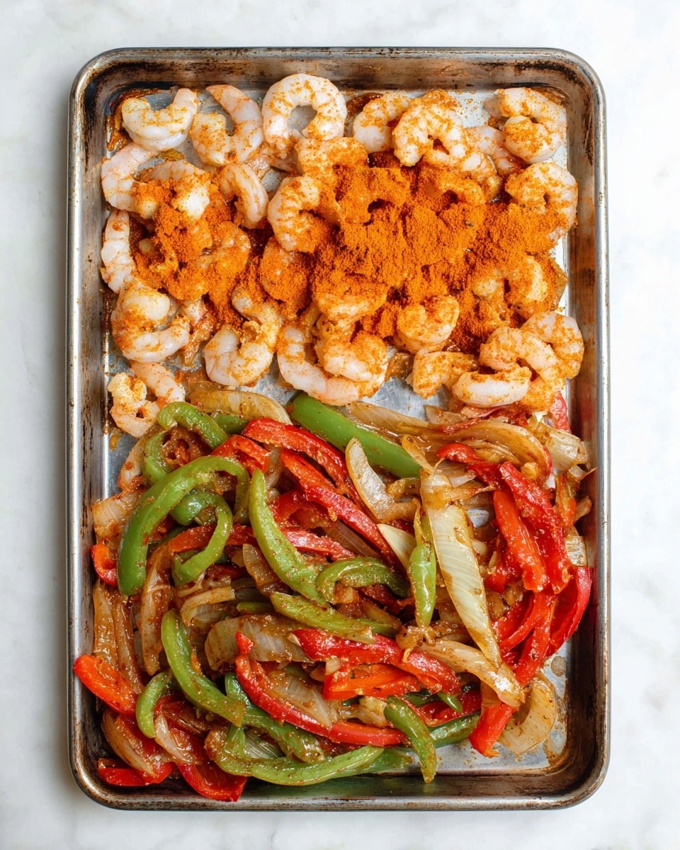 A metal baking tray holds two main layers of food: the top half features raw white shrimp, partially covered with a bright orange powder seasoning, scattered unevenly. The bottom half shows cooked sliced peppers and onions, with red, green, and some orange colors, slightly charred and glossy with oil. The tray sits on a white marbled surface. photo taken with an iphone --ar 4:5 --v 7