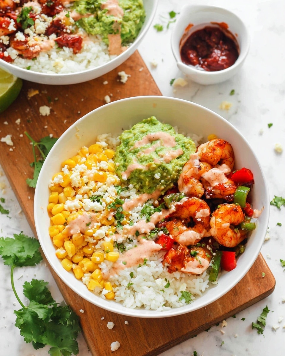 A white bowl filled with a base layer of white rice, topped with three main sections: bright yellow corn kernels on the left, a green scoop of guacamole towards the back center, and a group of orange cooked shrimp mixed with red and green grilled bell peppers on the right. A light pink creamy sauce is drizzled over the shrimp, corn, and rice. Small bits of white cheese and chopped green cilantro are scattered evenly on top. In the background, another similar white bowl sits on a wooden board, partially visible with more rice, vegetables, and sauce. To the side, a small white cup holds a dark red sauce with whole tomato pieces. The whole setting is on a white marbled texture surface, with loose cilantro leaves and bits of cheese scattered around. Photo taken with an iphone --ar 4:5 --v 7