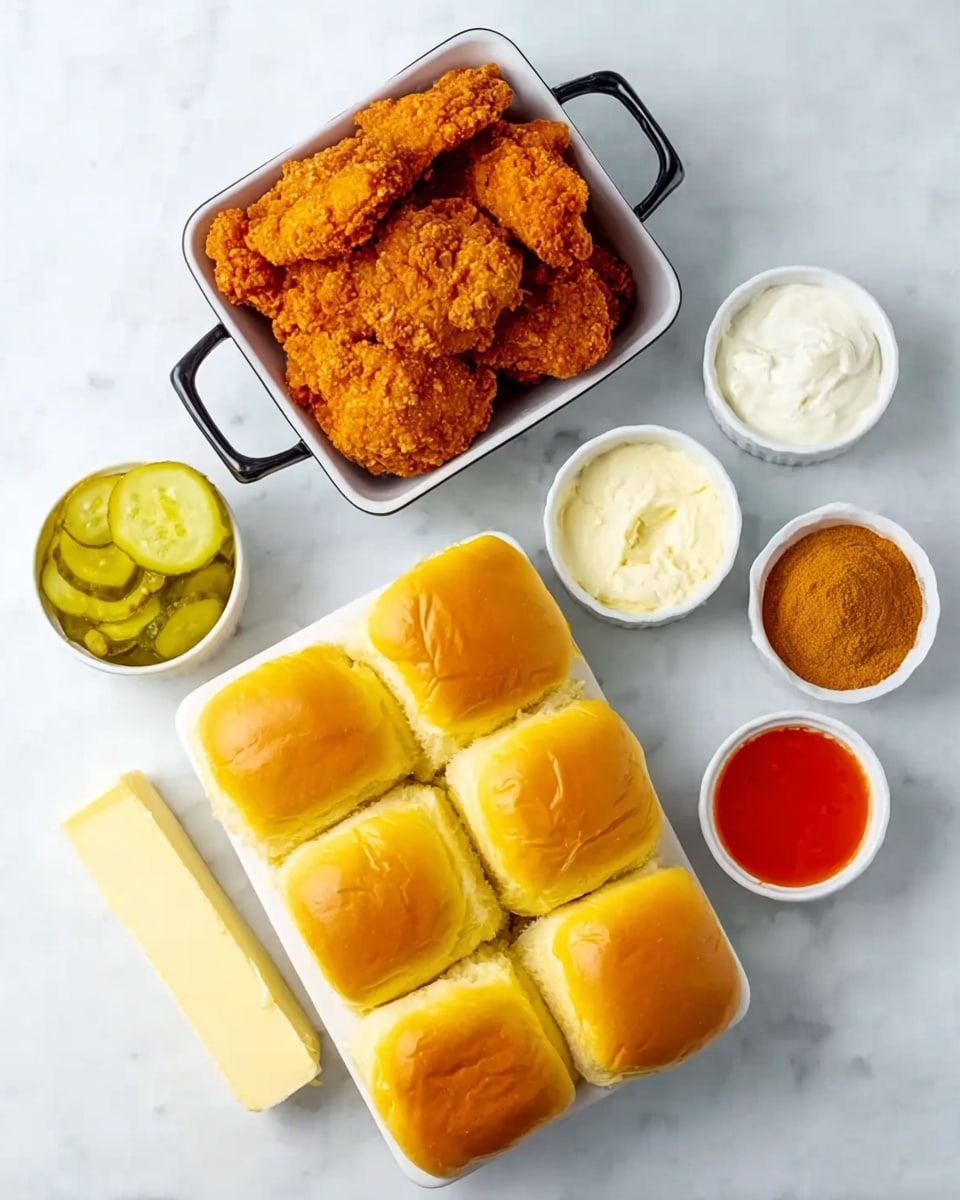The image shows a white square dish with black handles filled with golden brown crispy fried chicken pieces stacked neatly. Below it, there is a white rectangular tray holding nine soft, shiny, yellow slider buns arranged in three rows of three. To the right of the buns, a stick of pale yellow butter lies horizontally. Above the buns, there are four small white bowls: one with bright yellow-green pickle slices, one with thick white mayonnaise, one filled with orange-yellow honey, and the last with bright red-orange hot sauce. Near these bowls, a double sectioned white dish holds three powders – white, light brown, and red – side by side. All items rest on a white marbled surface. photo taken with an iphone --ar 4:5 --v 7