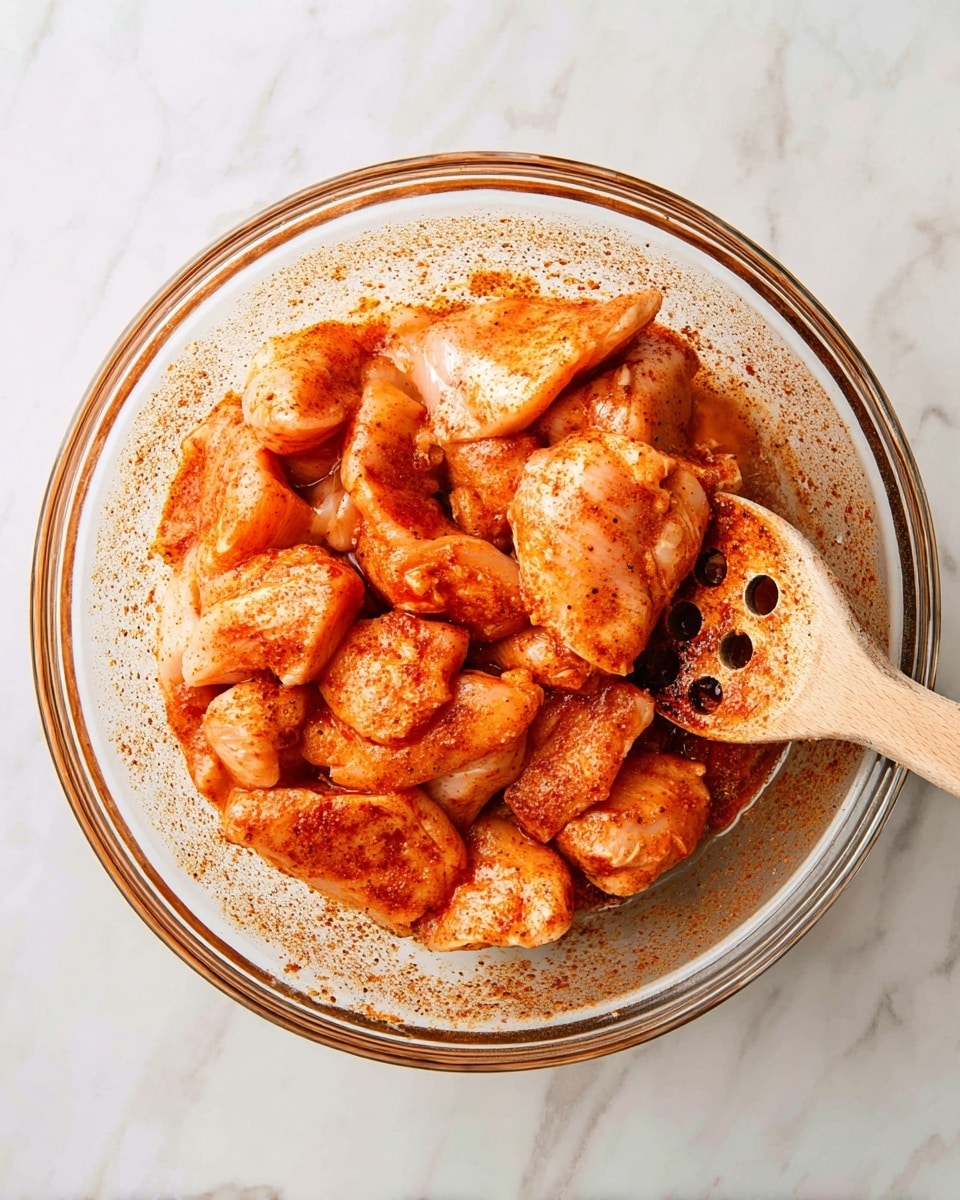 A clear glass bowl filled with raw chicken pieces covered in a reddish-orange spice mix and liquid, showing a mix of smooth and textured chicken surfaces. The chicken pieces are arranged closely together inside the bowl. A wooden spoon with holes rests inside the bowl, partially submerged in the seasoned chicken. The bowl is placed on a white marbled surface. photo taken with an iphone --ar 4:5 --v 7