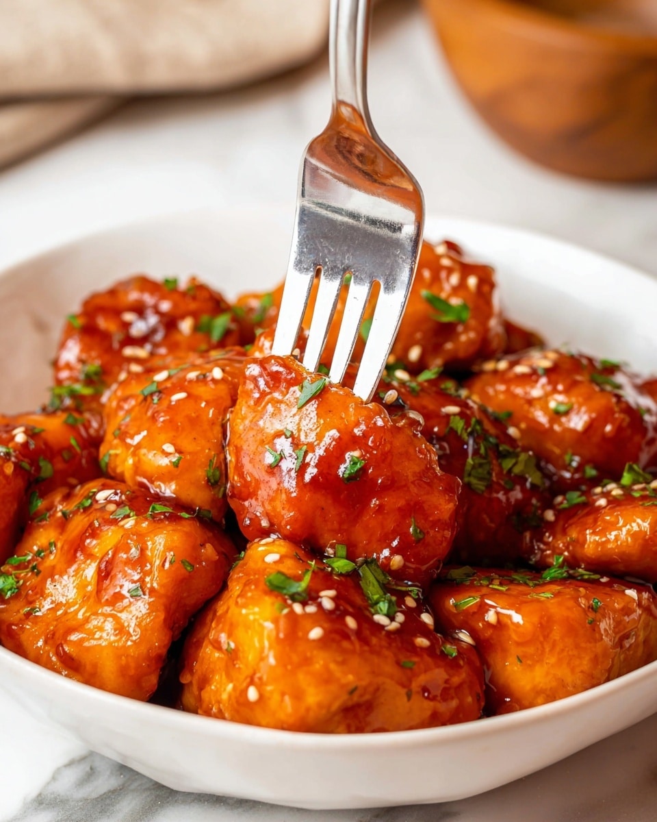 The image shows several pieces of golden-orange glazed chicken with a shiny, smooth texture, covered in a glossy sauce and sprinkled with small green herb leaves and white sesame seeds. A silver fork pierces one piece in the center, reflecting light on its slightly scratched surface. The chicken pieces are arranged close together in a white bowl on a white marbled surface, with a blurred wooden bowl in the background. photo taken with an iphone --ar 4:5 --v 7