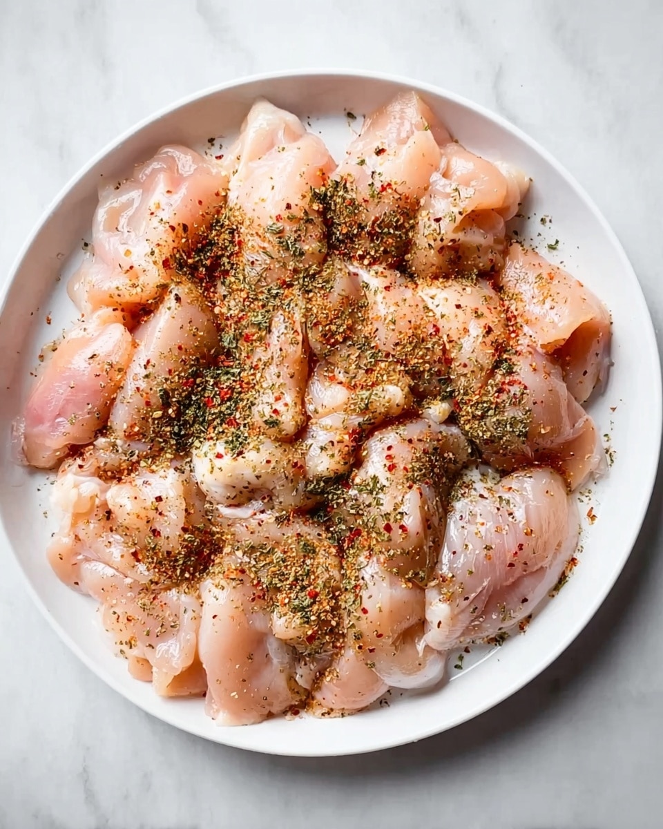 The image shows a white plate filled with many pieces of raw light pink chicken arranged in two layers: the bottom layer has larger pieces around the edge, while the top layer has smaller pieces in the center. The chicken pieces on top are sprinkled unevenly with different dried spices, including green herbs and red chili powder, creating a colorful contrast. The plate is placed on a white marble surface, giving a clean and fresh look. Photo taken with an iphone --ar 4:5 --v 7