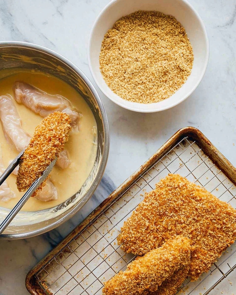 The image shows a cooking process with three main layers and items arranged around each other on a white marbled surface. On the top right, a white bowl contains golden, grainy breadcrumb crumbs with a piece of food covered in these crumbs resting on top. Below it on the bottom right, there is a white wire rack with a crispy coated food piece that is golden brown and textured, sitting on a metal tray that has a slightly rusty look. On the left side, a metal bowl contains raw, pale pieces of food covered in a creamy, beige sauce that is smooth and thick. A pair of metal tongs is holding one piece inside this sauce. Photo taken with an iphone --ar 4:5 --v 7