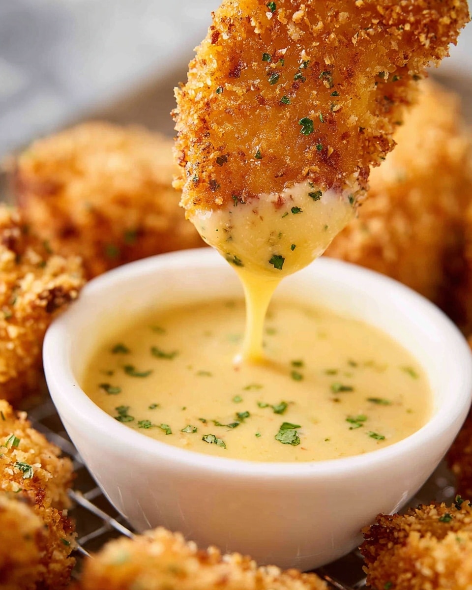 A close-up image shows a golden-brown, crispy breaded nugget decorated with small green herb flakes being dipped into a pale yellow creamy sauce inside a small white bowl. The nugget’s coarse crunchy texture is visible, with the sauce dripping slowly from its tip. Several other coarse breaded nuggets are blurred in the white marbled background on a metal rack below. photo taken with an iphone --ar 4:5 --v 7